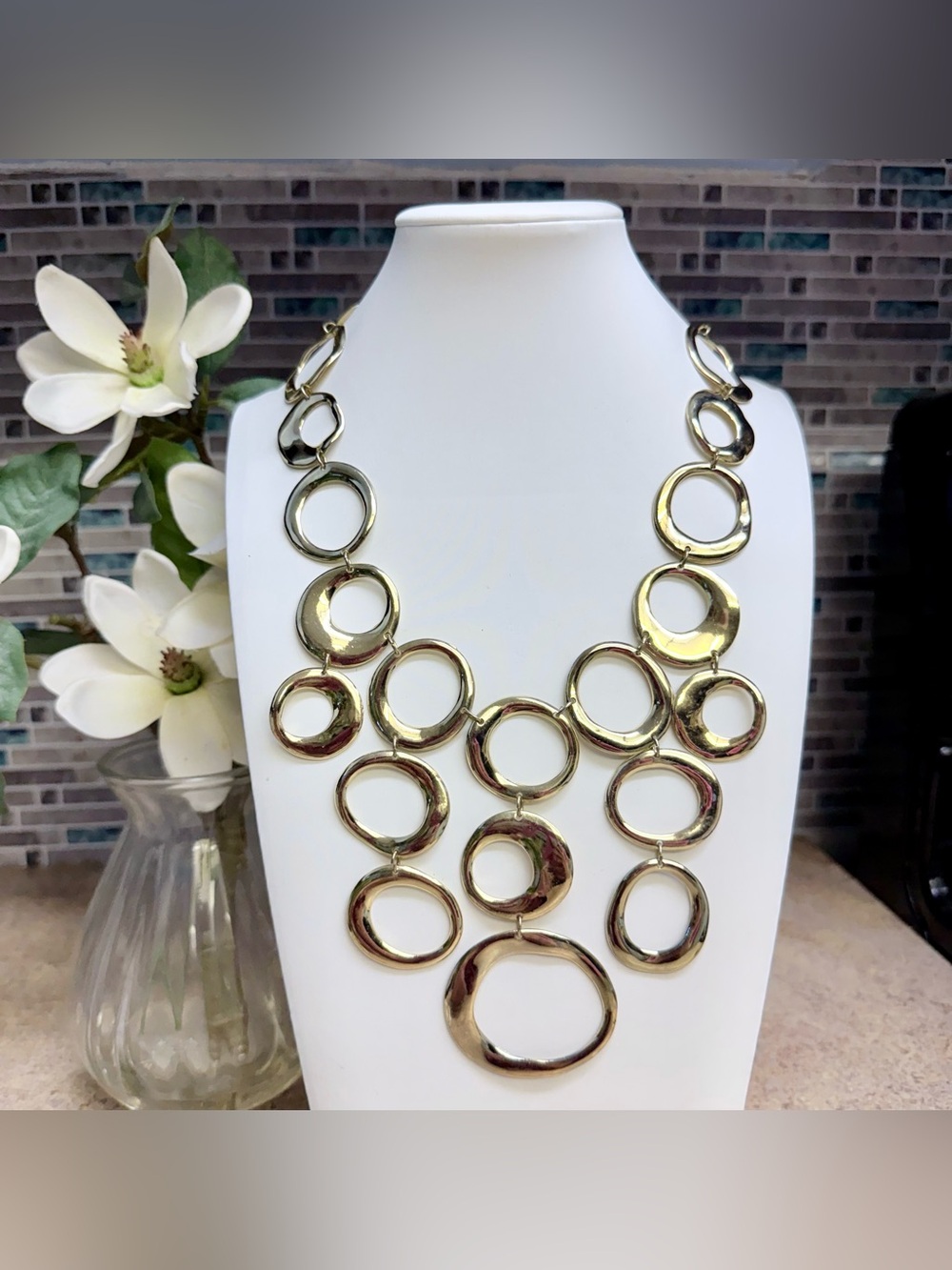 St. Thomas asymmetrical gold tone statement necklace